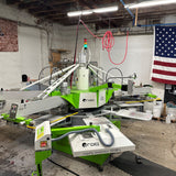 ROQ YOU M 7 Color 8 Station Automatic Screen Printing Press with ROQDRY Evolution 12100L Flash and American Flag in background