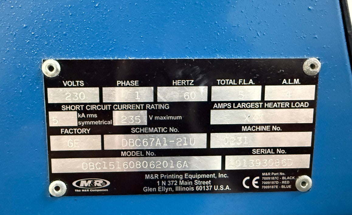 M&R Diamondback E 6 Color 8 Station Automatic Press Serial Plate